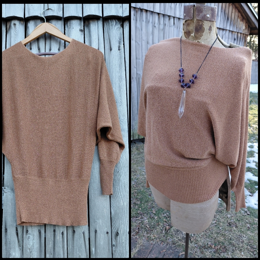 Vintage 80s Worthington metallic gold dolman knit disco sweater top Womens S
